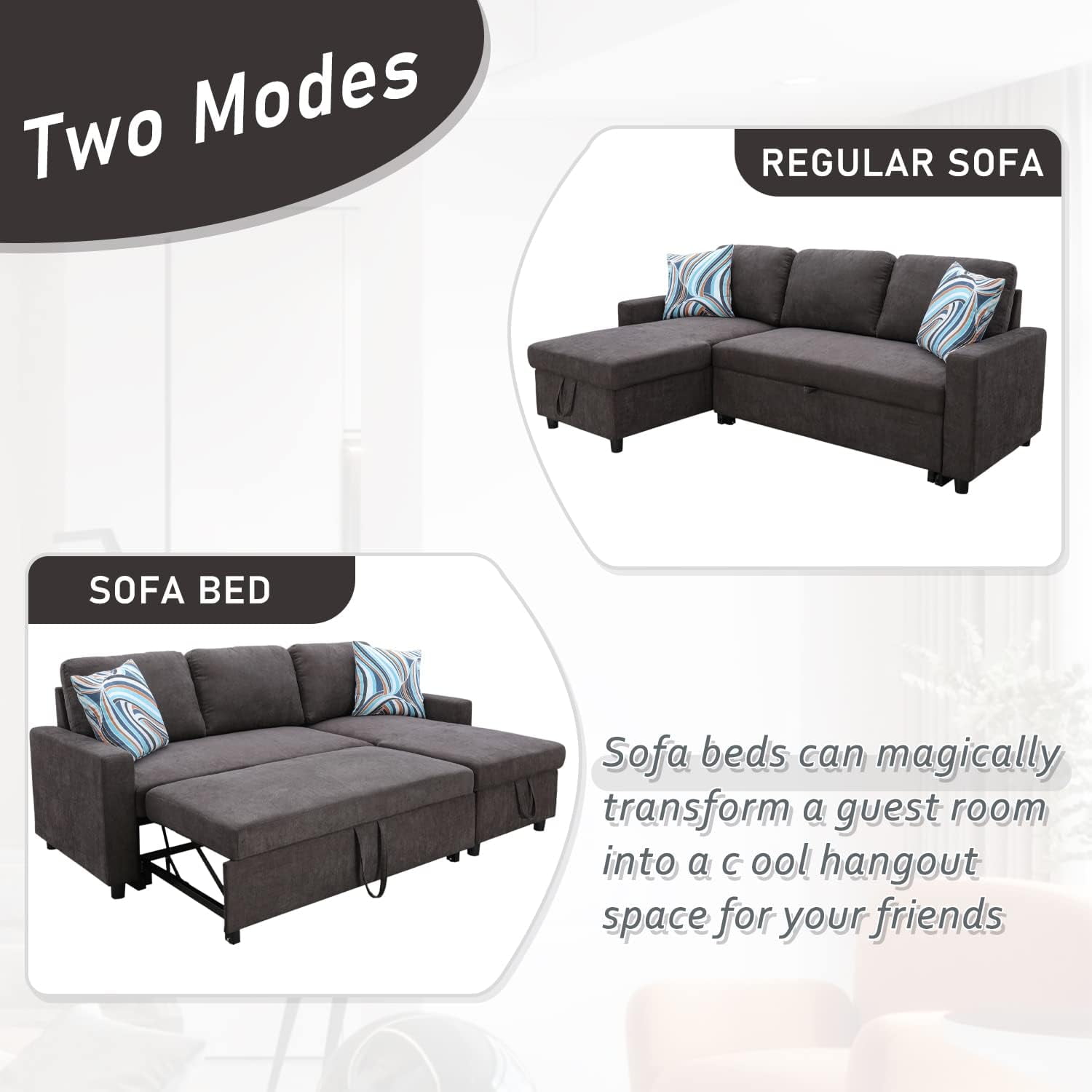 PonLiving 83" Reversible Sectional Sleeper Sofa with Storage Chaise Dark Brown Flannelette - Convertible L-Shaped Couch with Pull Out Bed