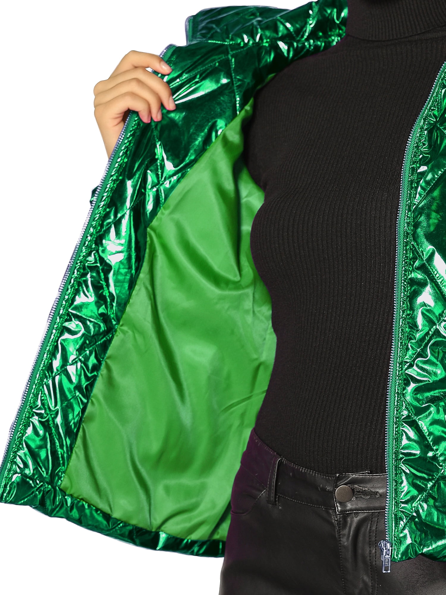 Unique Bargains Women's Holographic Shiny Zipper Quilting Down Puffer Jacket S Green