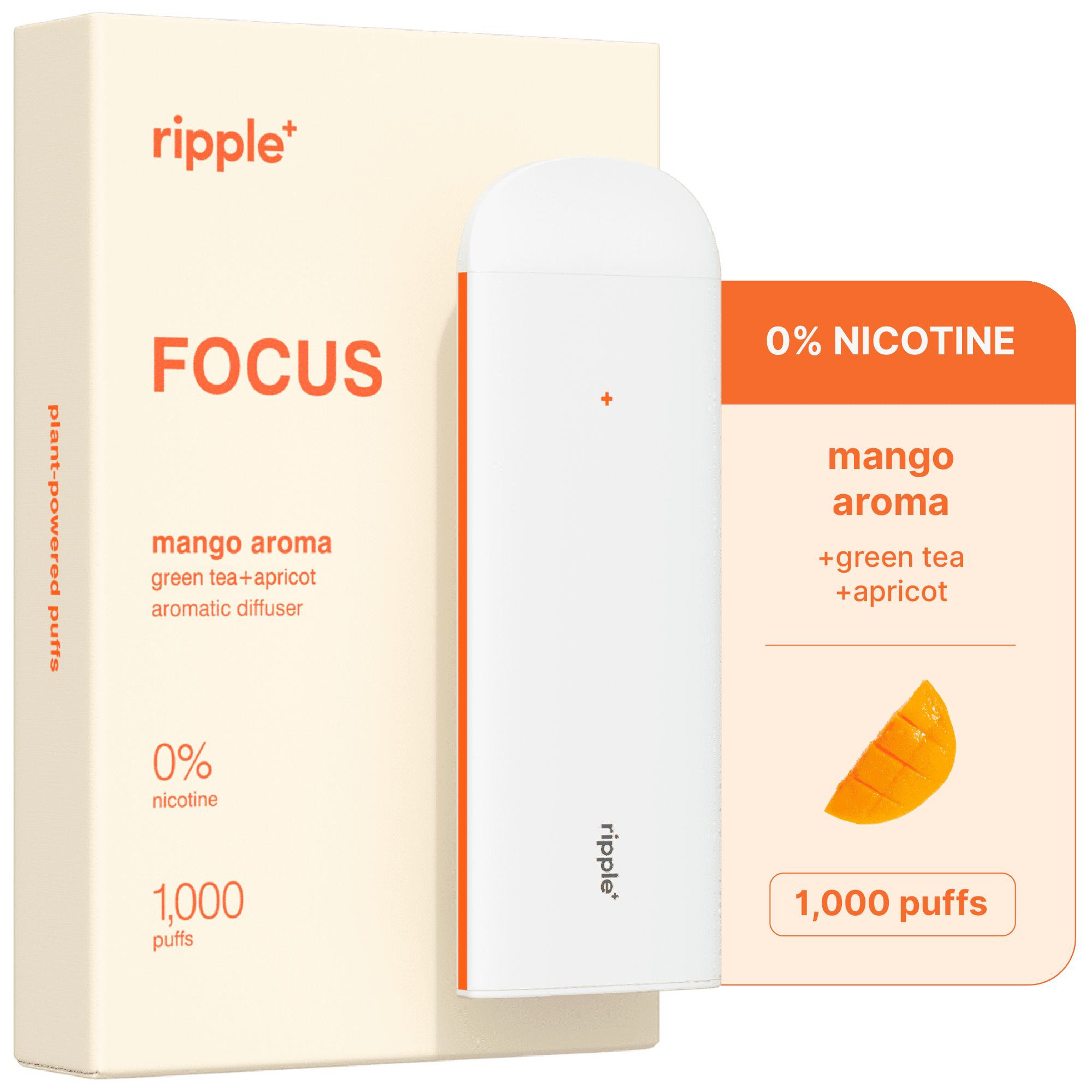 Ripple Mango Diffuser - 1,000 Puffs, 0% Nicotine, + Green Tea & Apricot, 100% Recyclable