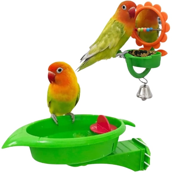 2PCS Multi-Function Bird Bath & Feeder Set, Cute Leaf Shape Bathing Tub with Wheel Toy, Bird Feeder with Flower Shape Mirror & Ringing Bell for Canary Finch Budgie Lovebird Conure