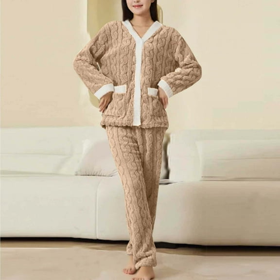 HongQid Fluffy Pajamas set for Women Fleece Pullover 2 Piece Pjs Set Soft Plush Sleepwear Winter Loungewear