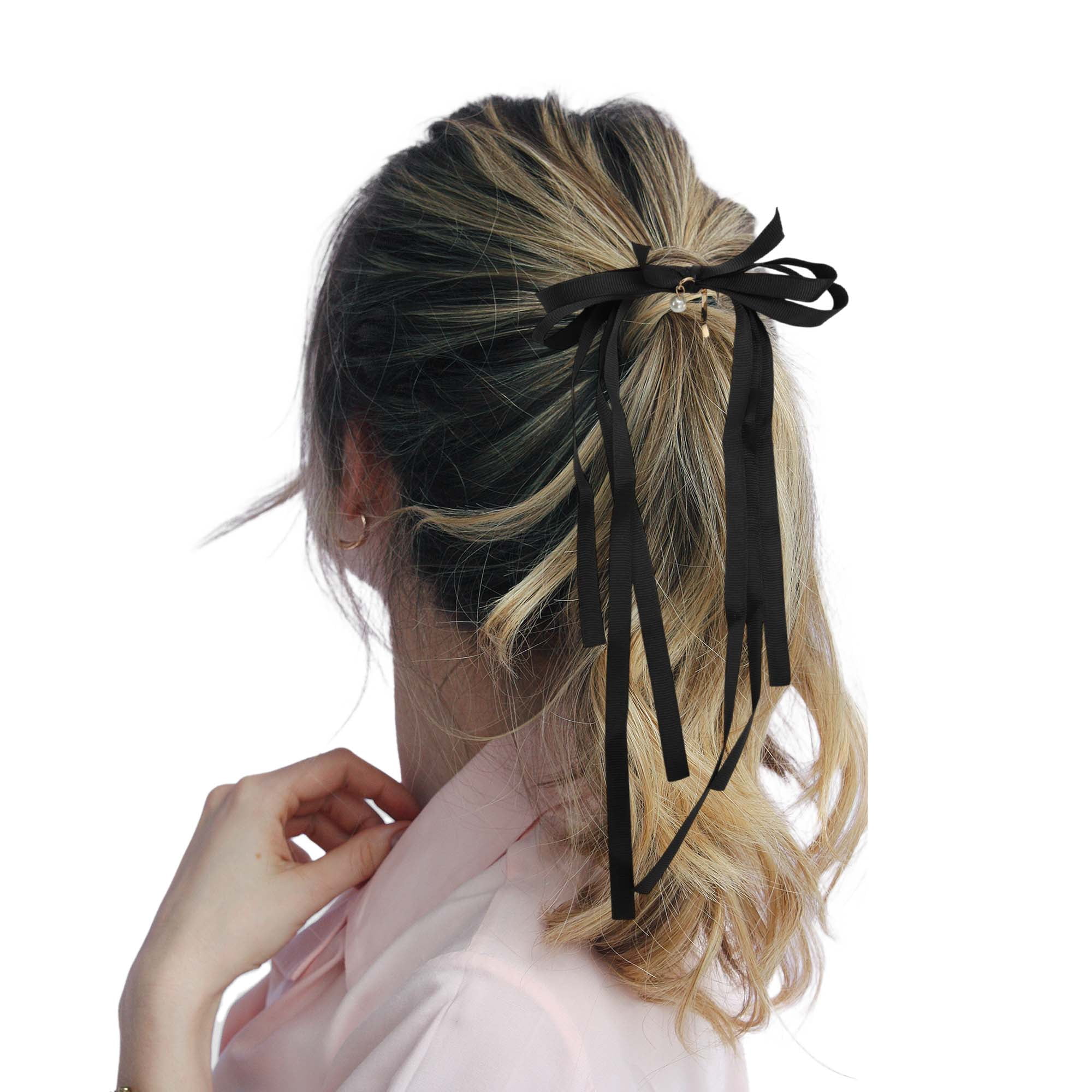 Unique Bargains Stylish Ribbon Bow Ponytail Buckle Hair Clip for Women 1 Pc Black