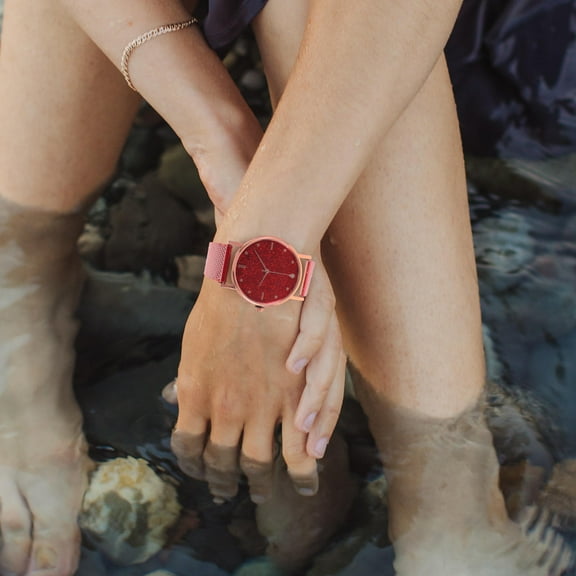 CRILSTYLEO Watch For Women 1Set Red Round Quartz Glass Imitation Leather Timekeeping Adjustable Elegant Casual