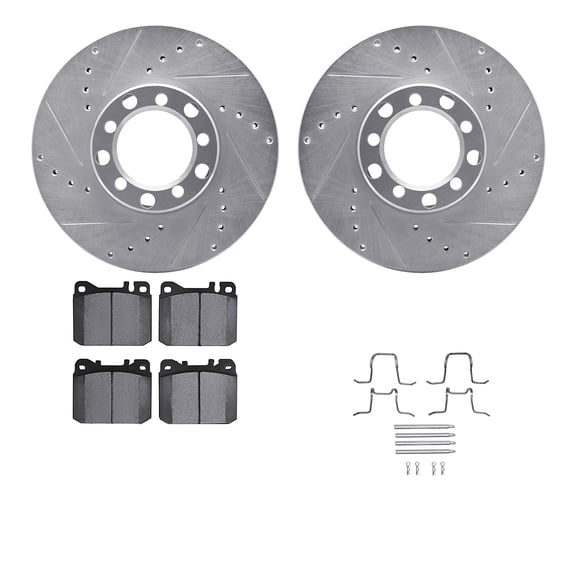 Dynamic Friction Company Front Brake Rotors-Drilled and Slotted-Silver with 5000 Euro Ceramic Brake Pads includes Hardware 7612-63020