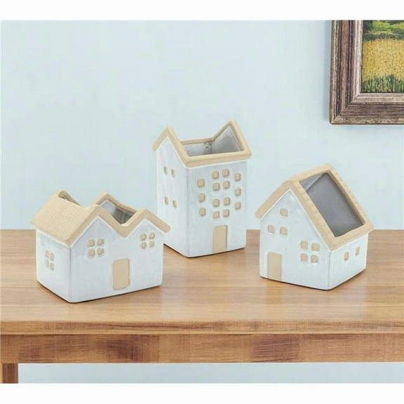HomeRoots 518004 White & Natural House Trio Pot Planters - Set of 3
