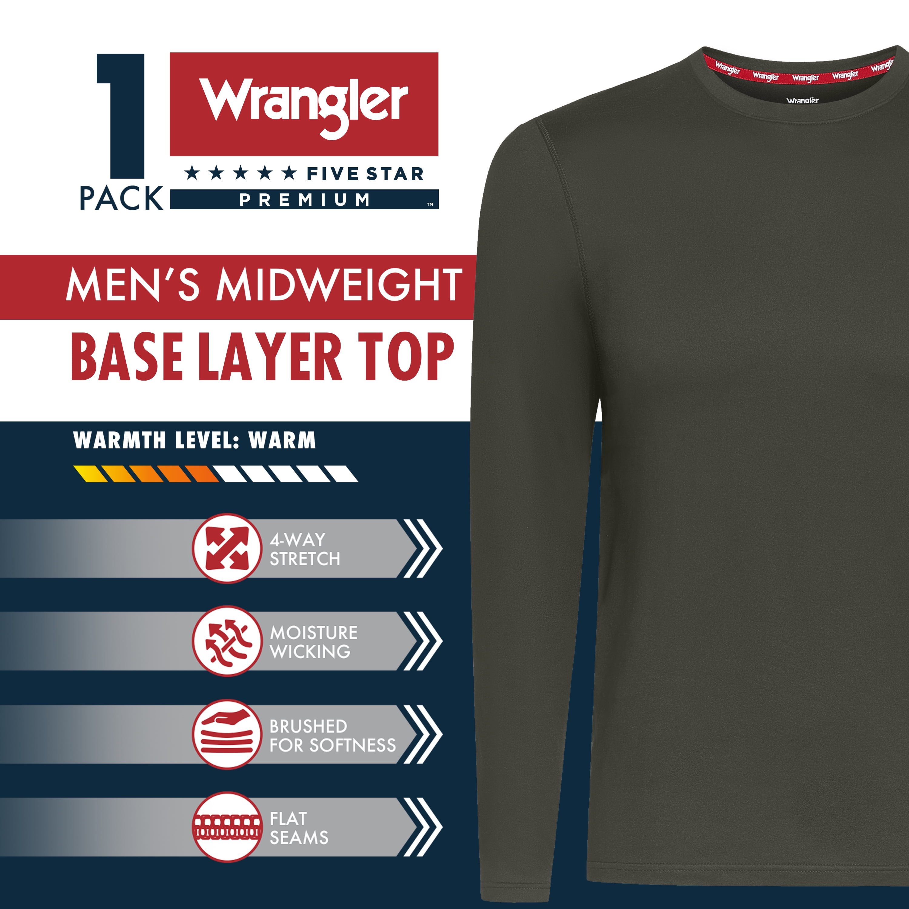 Wrangler Brushed Performance Top Base Layer for Men, Thermal Fabric Long Sleeve Shirt, M-2XL