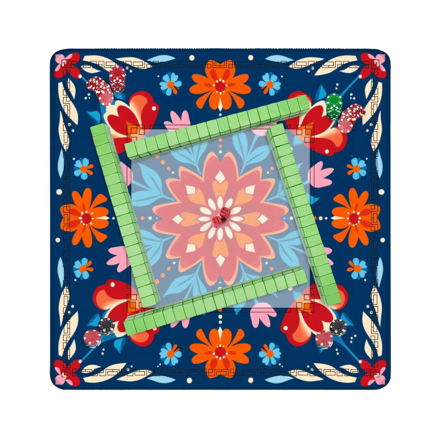 Mahjong Mat 31.5" x 31.5" Symmetrical Floral Folk Art Red Flowers Blue Non-Slip Noise Reduction American Mahjong Tiles Table Cover for Dominoes Poker Card Board Games Gift