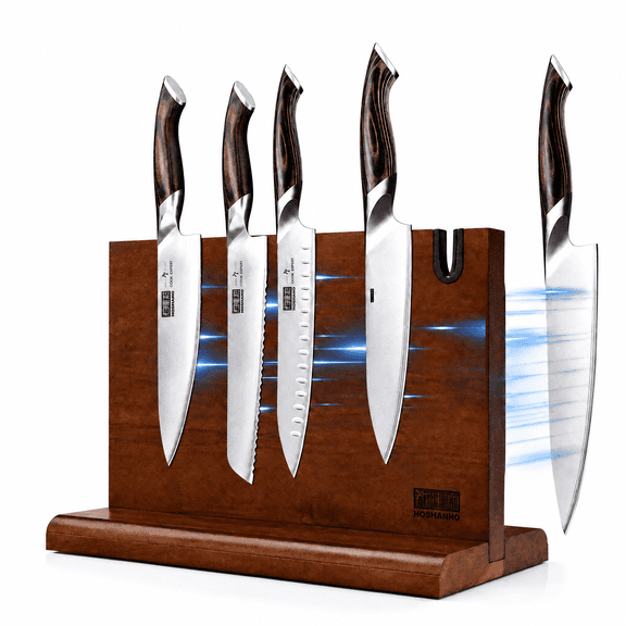 INSMART Magnetic Knife Block, 14 x 10 Inches Acacia Wood Magnetic Knife Holder, Double Sided Magnetic Knife Stand with Knife Sharpener, Knives Organizer Holder for Kitchen Counter