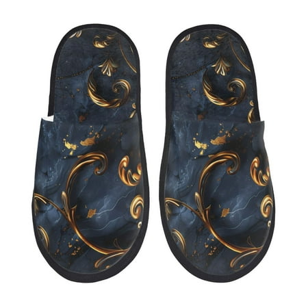 Balery Elegant Gold Scrollwork Slient Indoor Furry Fleece Comfort House Shoes Soft Non-Slip Home Shoes Cotton slippers House Slippers-- Large
