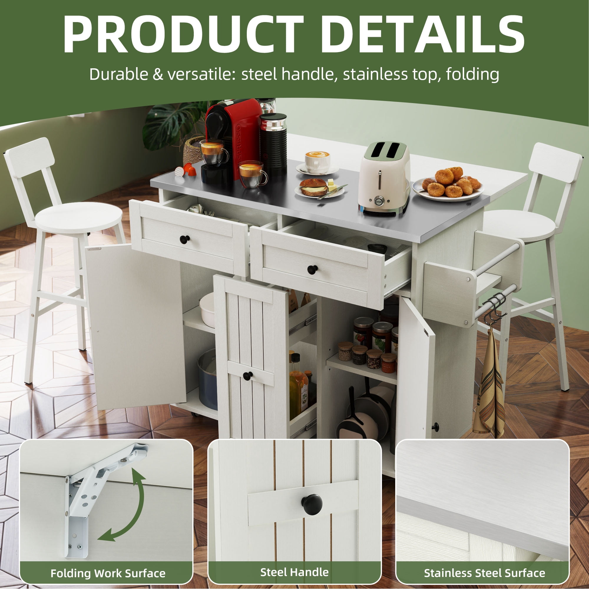 Uforic Modern Kitchen Island Table with 2 Chairs, Kitchen Island with Wheels & Large Storage, White