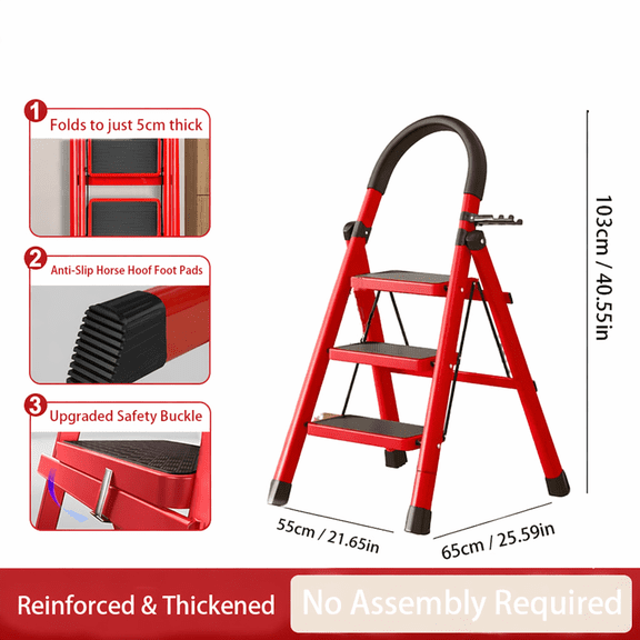 Heavy duty folding ladder -500 pounds load capacity, anti slip wide steps, safety lock design, portable ladder, easy to store and stable climbing platform