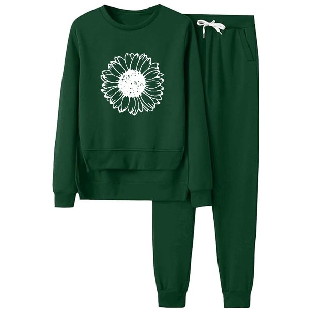 Gibobby Conjunto de sudadera para mujer Trajes informales de mujer con estampado de girasol , cuello redondo, manga larga y pantalones largos, para las tempor(Verde,XL)