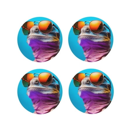 

Honeii Lizard With Sunglasses Colorful Print Leather Coaster Set of 4 Ideal for Safeguarding Your Furniture from Drinks Spills and Effortless Cleanup-Round Shape