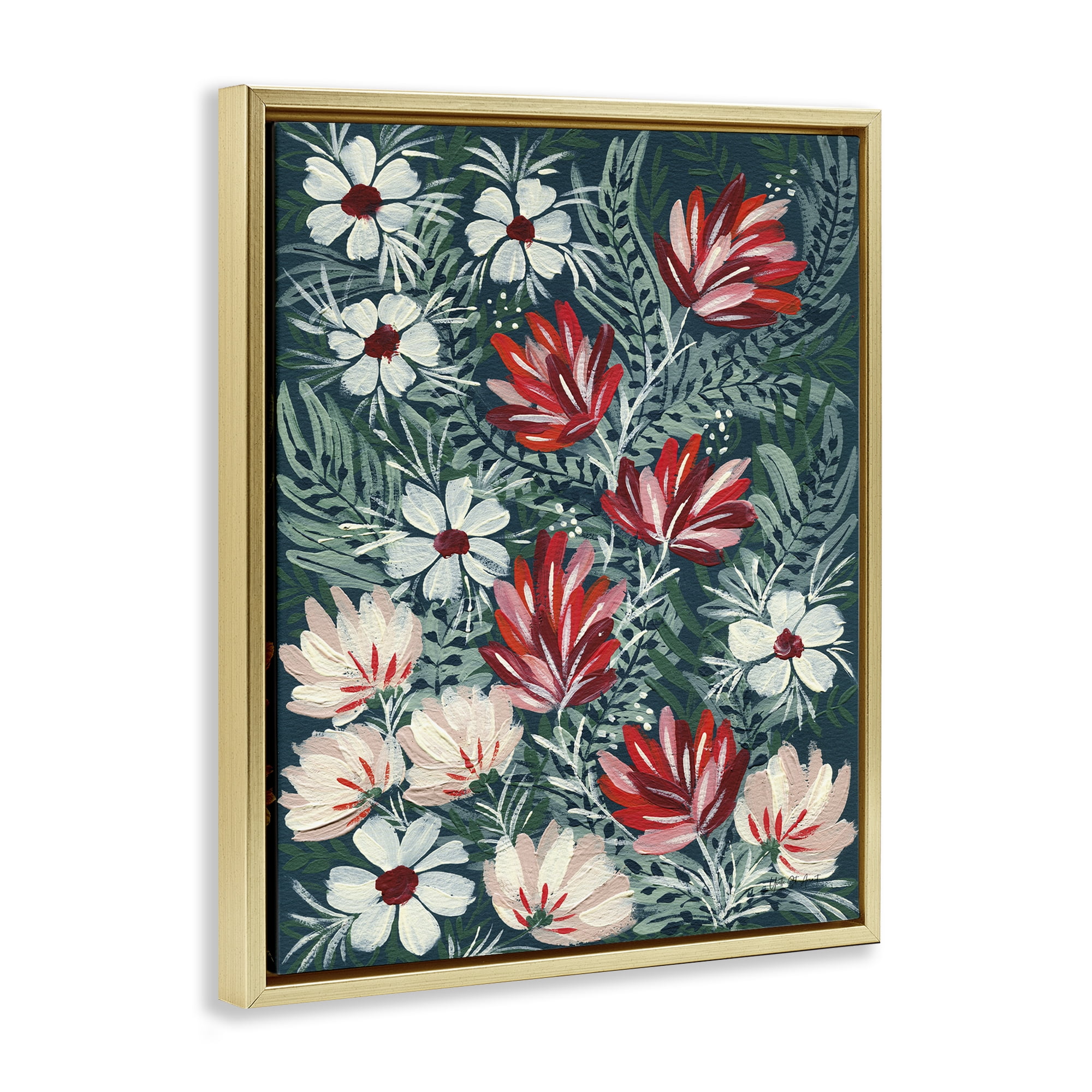 Stupell Industries Folksy Floral Pattern Botanical & Floral Painting Gold Floater Framed Art Print Wall Art, 17 x 21
