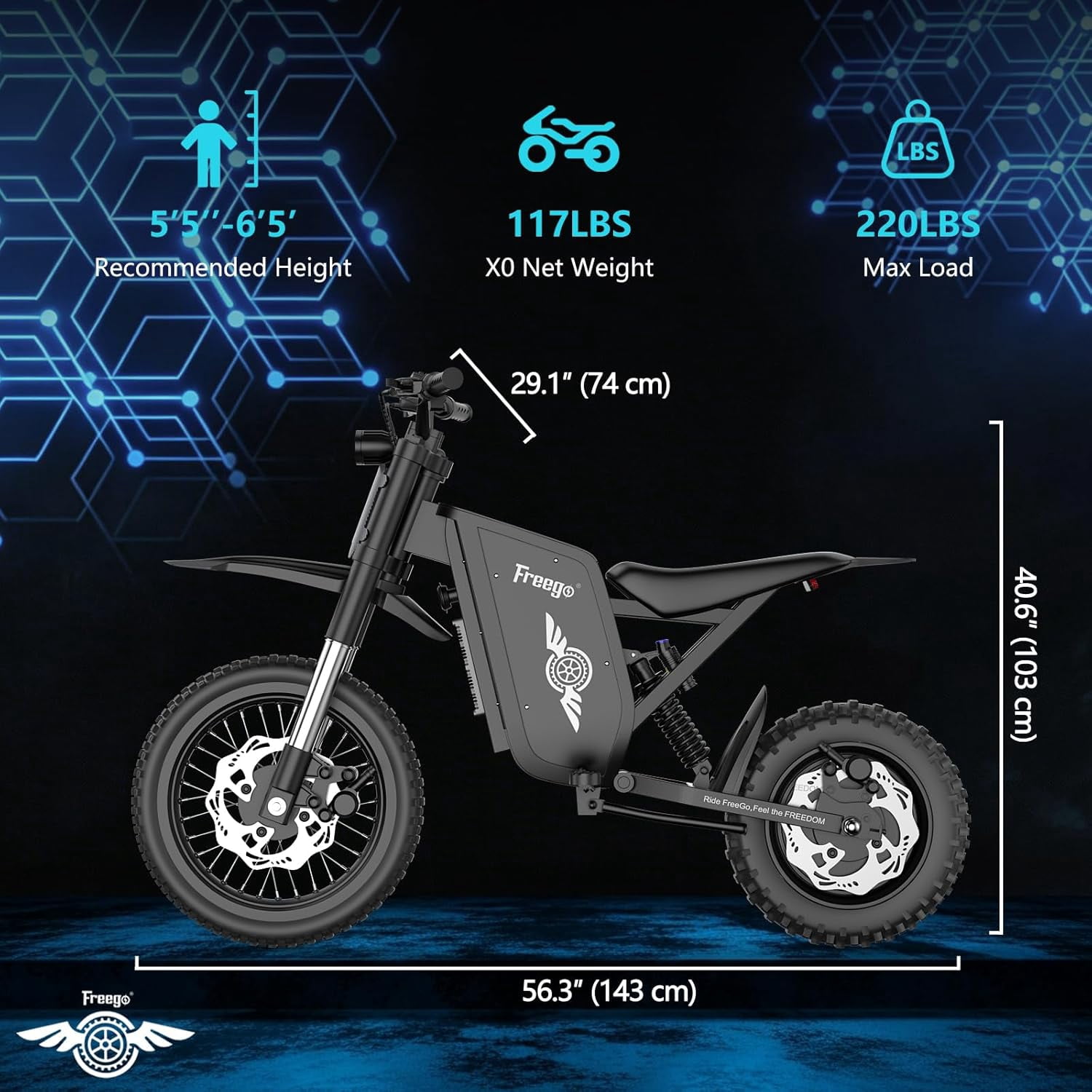Freego X0 Electric Dirt Bike for Teens & Adults,3600W Peak Motor 40 MPH, 60V 23Ah Battery, 14"/10" All-Terrain Tires, Full Suspension & Dual Hydraulic Disc Brakes, Off-Road Electric Motorcycle UL2849