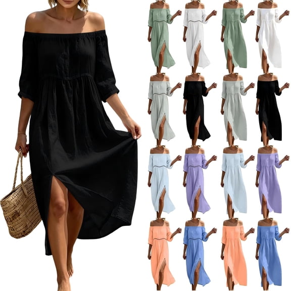 Tqcoqu Summer Cotton Dresses for Women - Boho Casual Off Shoulder Floral Long Maxi Dress,Black Women's S-XXXL