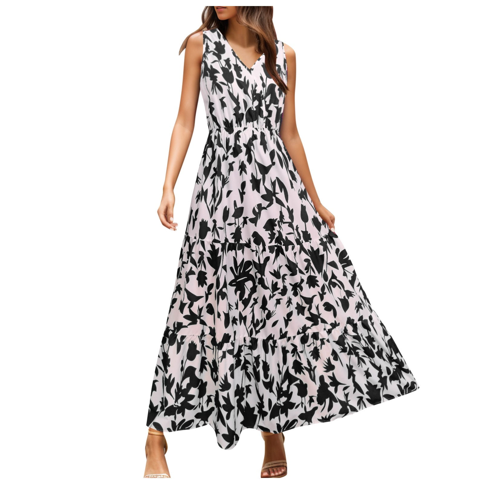 Womens Dress Cute Dresses for Women Long Women s Casual Sleeveless Long Dress Cute Floral Long Dress Wedding Guest Dress Adult Female Clothes Black