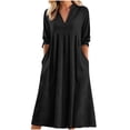thumbnail image 2 of Women's Linen V-Neck Long Dress with Pockets and Quarter Sleeves, 2 of 8