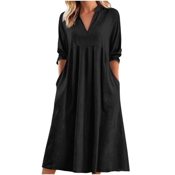 Vestido Largo de Manga Larga para Mujeres Cuello en V Suelto Bolsillo Cuarto de Manga Poliéster Vestido de Fiesta Casual