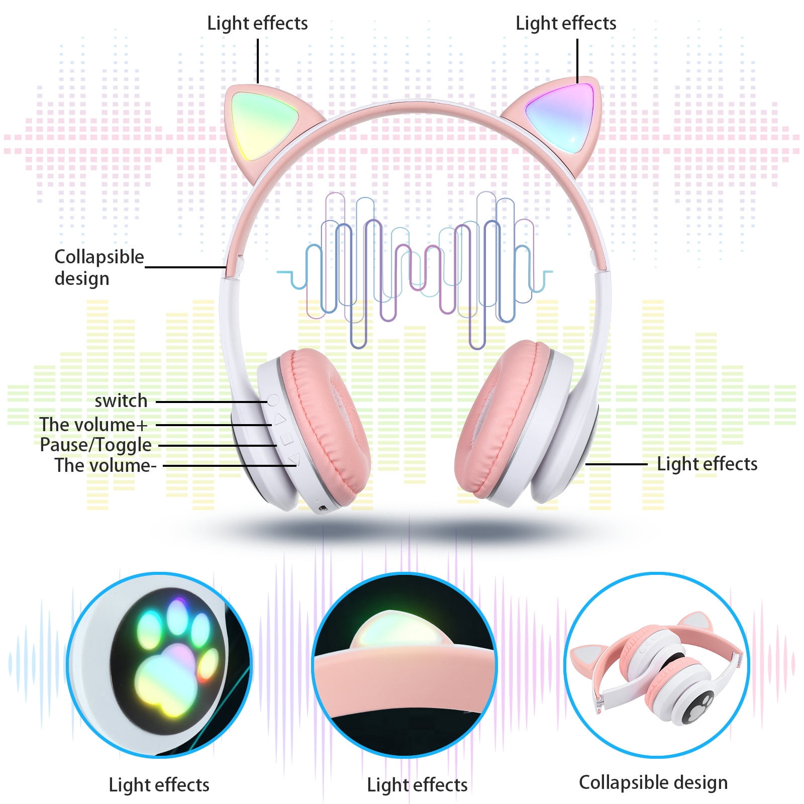 40mm Headphone Head-mounted LED Luminous Cat Ear Stereo Bluetooth