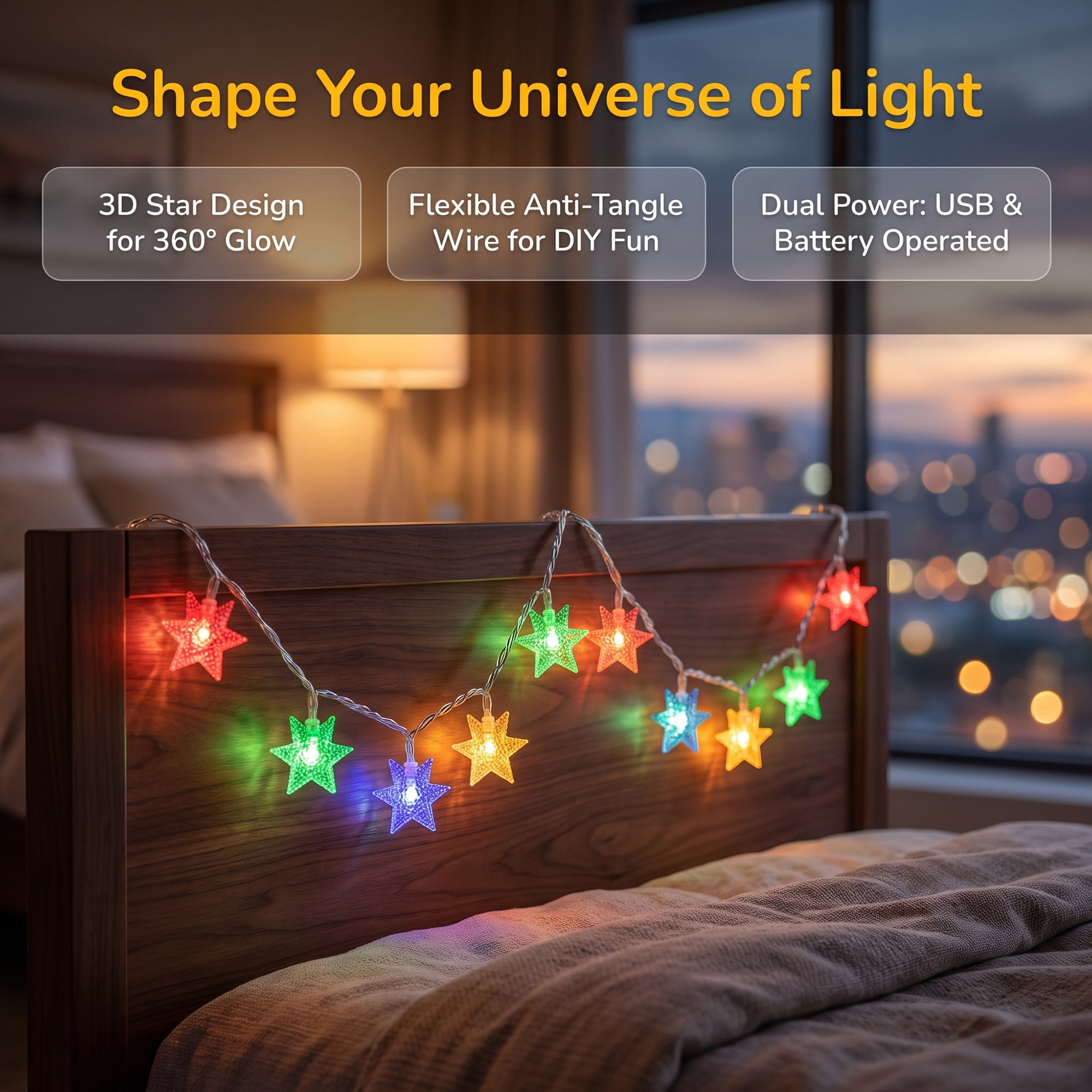 Unique Bargains 3D Star Lights with Flexible Design 9.8 ft Colorful Battery Operated