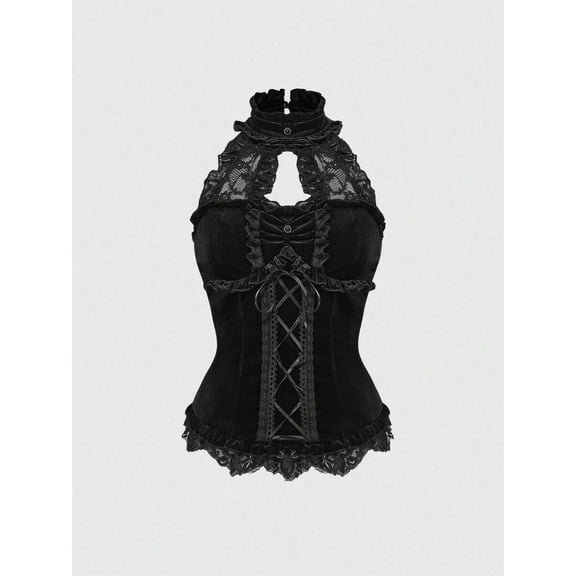 Black Velvet & Lace Halter Corset Top With Ruffled Collar And Lace-Up Front