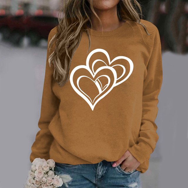 Fartey Chandail en Molleton de la Saint-Valentin pour Femmes en Liquidation Mode Mignon Imprimé Cœur Col Rond Chandail Décontracté Ample Manches Longues Chandails en Molleton de la Saint-Valentin 2025 Marron