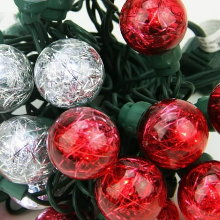 Tinsel Lead Design - Set of 25 Red and Pure White Tinsel Wide Angle LED G30 Globe Valentines Day Christmas Lights - Green Wire
