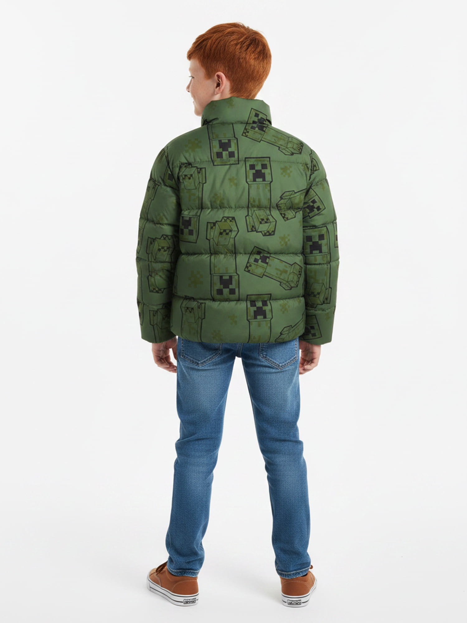 Boys’ Minecraft Creeper Allover Print Puffer Jacket, Olive Green, Sizes XS–XL