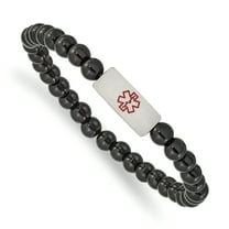 Primal Steel Stainless Steel Brushed Medical ID Plate Onyx Bead Stretch Bracelet