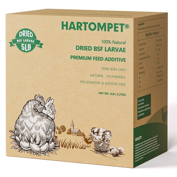 HARTOMPET Dried BSF Larvae for Chickens - Non-GMO Poultry Feed Supplement, 85x Calcium, 5LB Worms