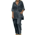 thumbnail image 2 of UVEASISHA 2 Piece Set for Women Cotton Linen Lounge Sets Short Sleeve Lapel Button Down Shirts and Wide Leg Pants Set Plus Size Comfy Loungewear with Pockets Gray L, 2 of 5