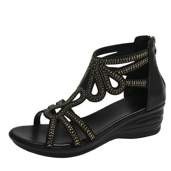 Xfvqtps Wedge Sandals for Women Back Zipper Side Cutout Crisscross Rhinestone Strappy Open Toe Dressy Beach Summer Roman Sandals Black