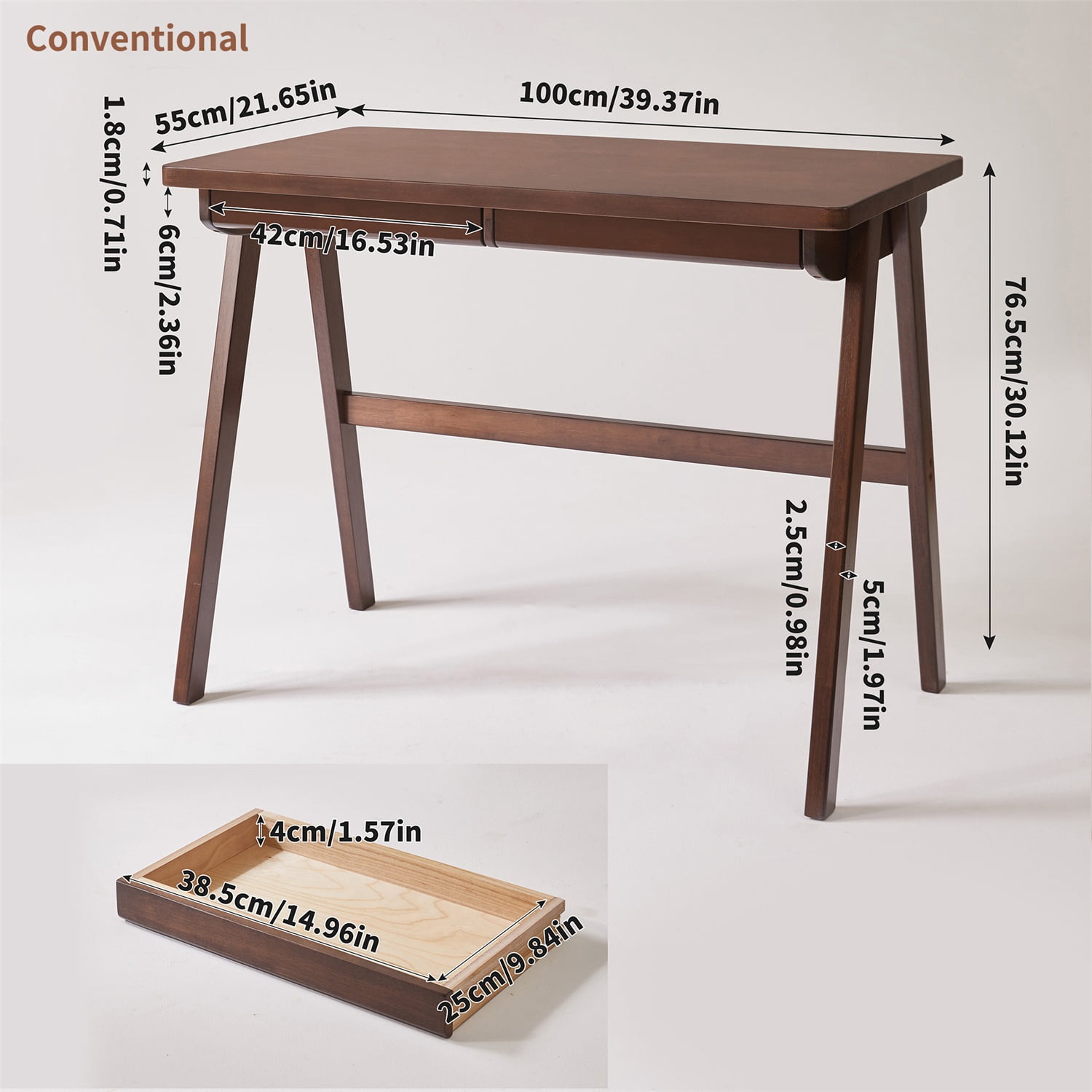 Hommoo Solid Rubberwood Writing Desk with Drawer, Home Office Desk, A-Frame Study Table for Students & Adults, Eco-Friendly Wooden Computer Desk, Walnut