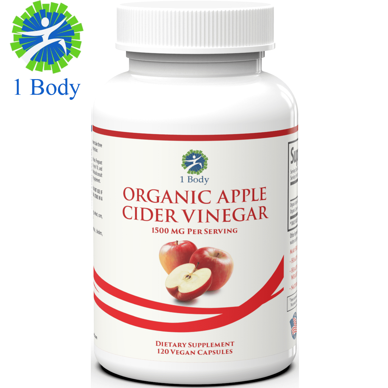 1 Body Organic Apple Cider Vinegar Pills for Bloating Relief & Weight Loss, 1500 mg, 120