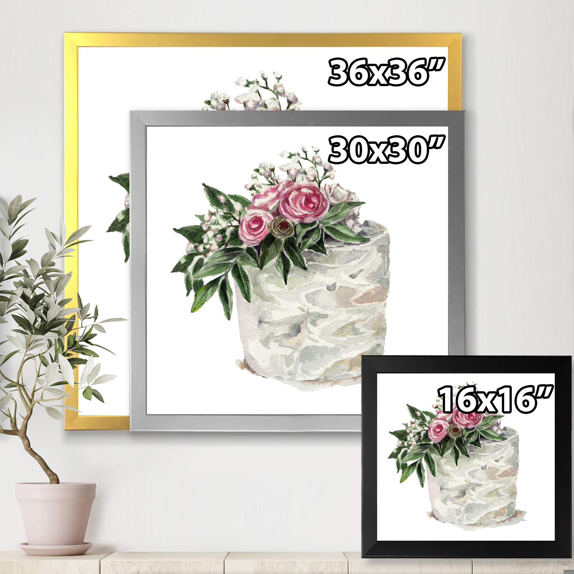 Designart 'White Flowers and Pink Roses On Cake' Traditional Framed Art Print