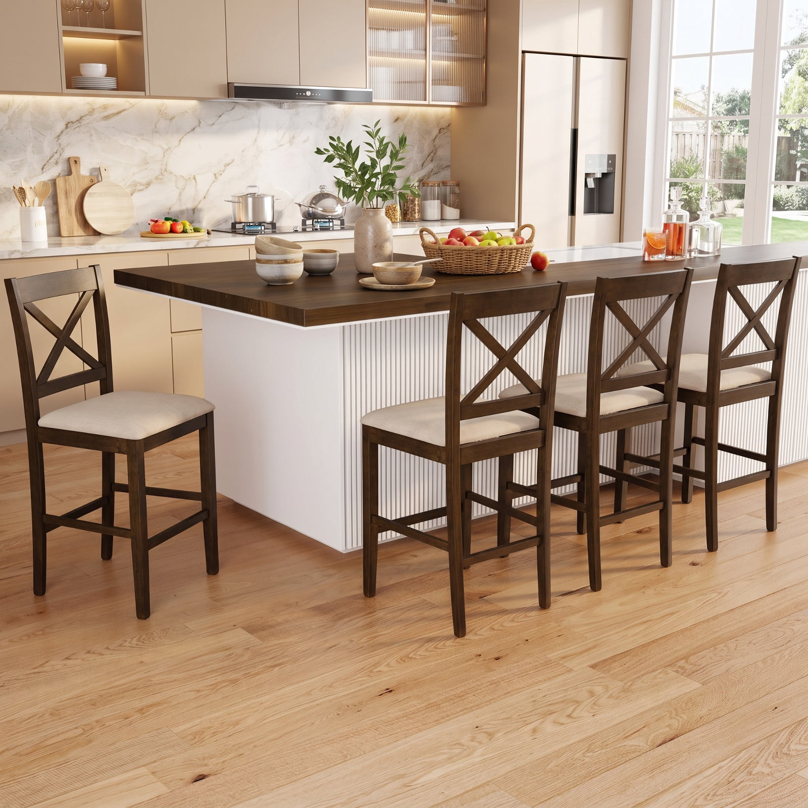 Furnibear Set of 2 X-Back Bar Stools with Upholstered Cushioned Seats and Rubber Wood Frame
