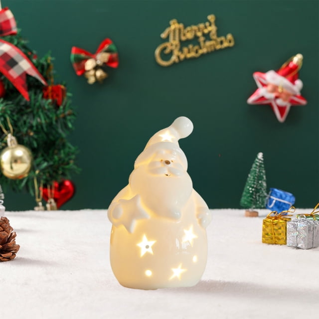 CaiYueKe Glow in The Dark Ceramic Christmas Ornament, Luminous Holiday Tabletop Night Light with Santa Snowman Deer Figurines, Warm White Festive Ceramic Holiday Scene for Christmas Home Decor