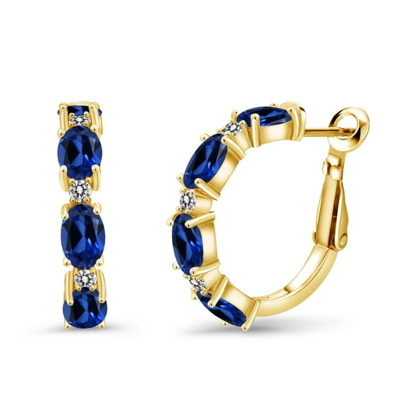 Gem Stone King 5.00 Ct Blue Created Sapphire White Diamond 18K Yellow Gold Plated Silver Hoop Earrings