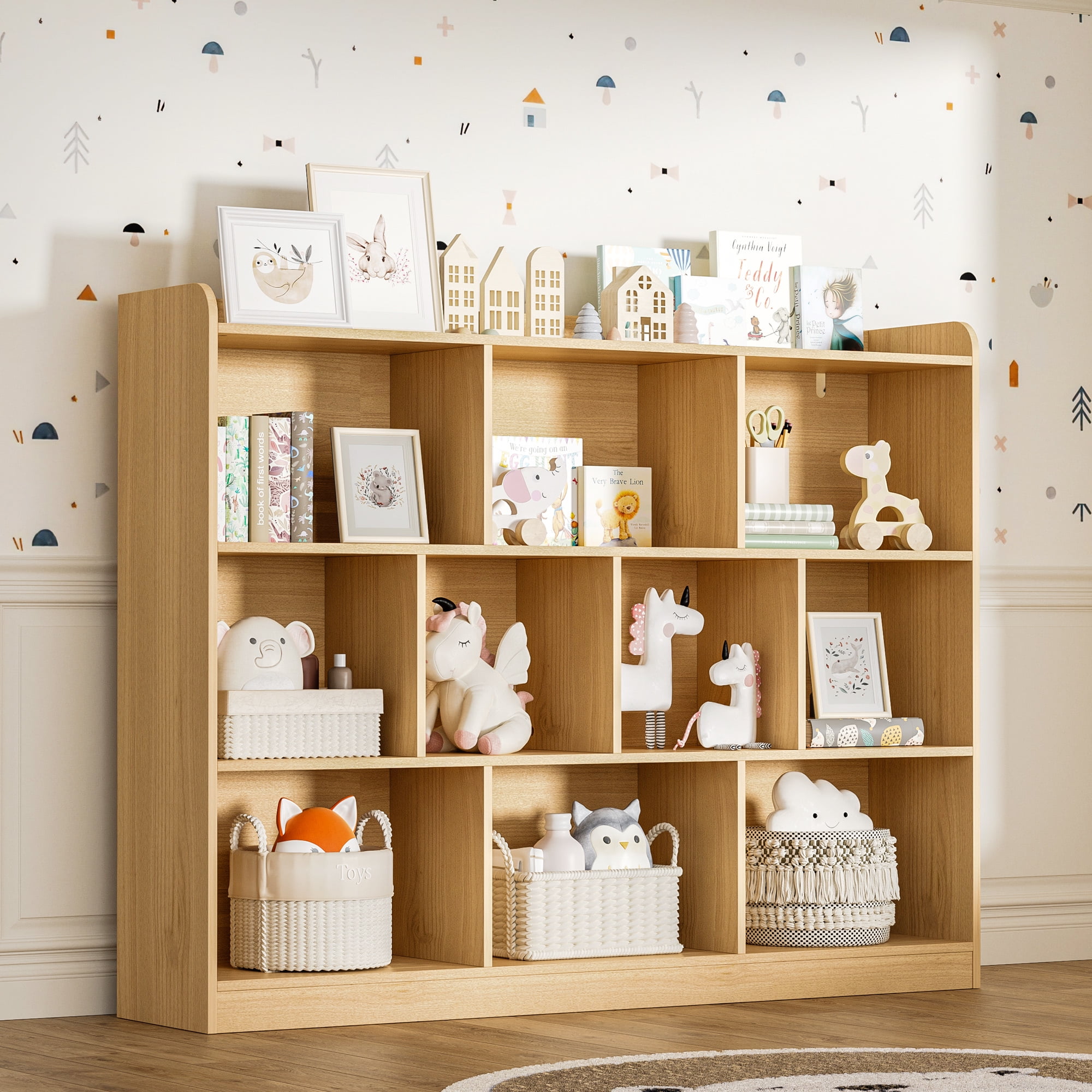 DIYART Oak Wood Bookcase with 3 Tier Open Shelves, 10-Cube Storage Shelf, 43.3" W x 35.4" H