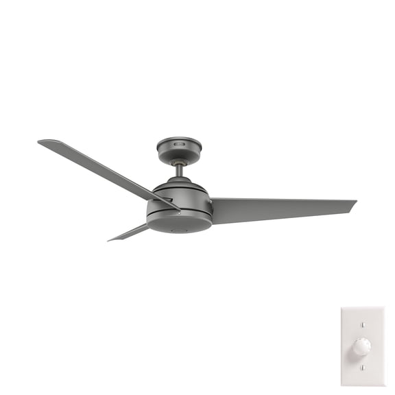 Hunter 52 inch Outdoor or Indoor Ceiling Fan No Light - Ceiling Fan without Light, For Patio, Porch, Garage, or Living Room, Standard Mount, 3 Blades, Wall Control - Trimaran 59608, Matte Silver