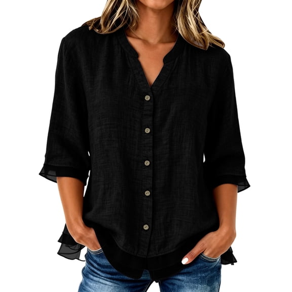 3/4 Length Sleeve Womens Tops Button Down V Neck Shirts Tunic Loose Fit Blouses Womens Lightweight Casual Dressy Tops Ladies Fall Outfits