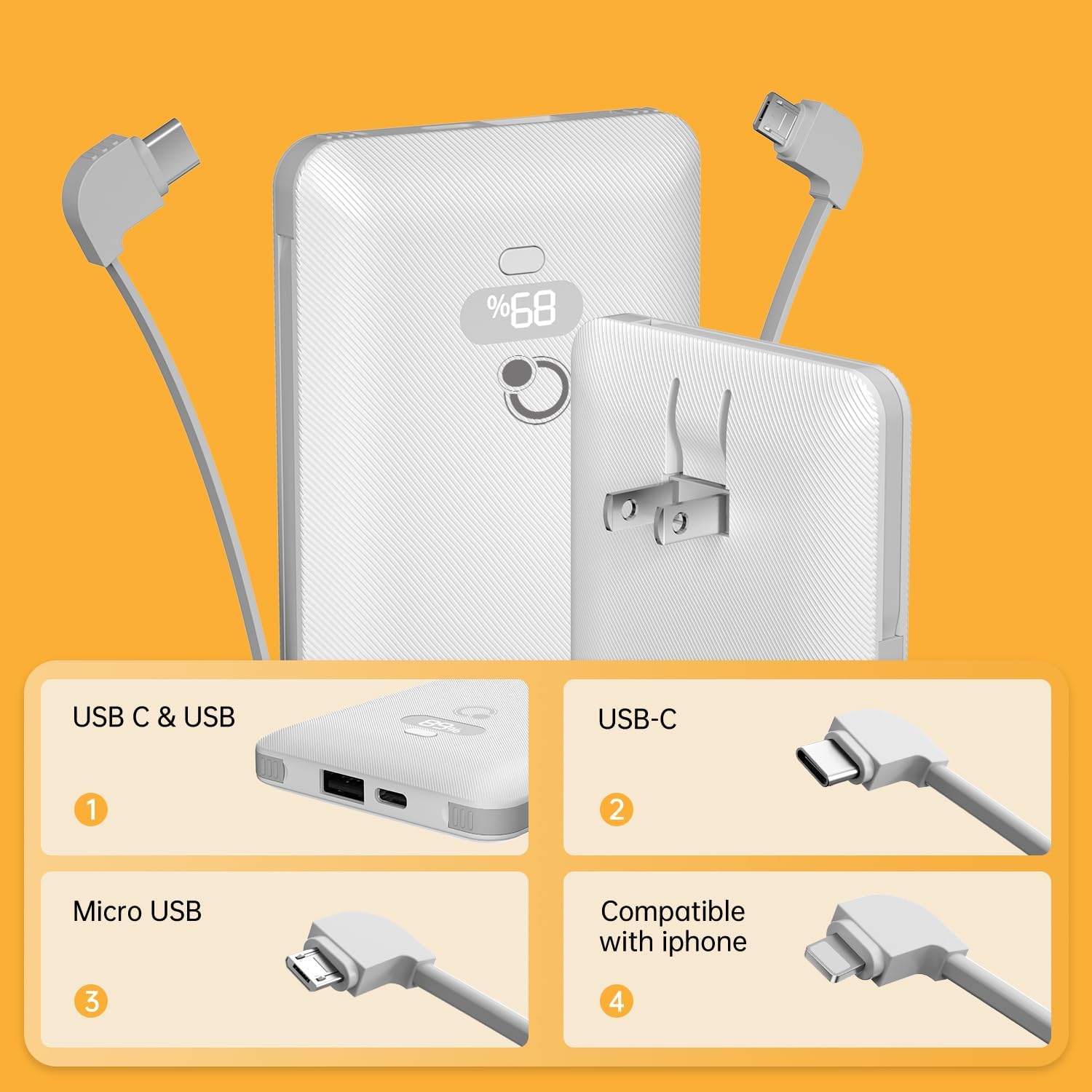 10000mAh Portable Charger with Built-in Cables and AC Wall Plug, USB C Fast Charging Power Bank with 3 Cords,5 Output External Battery Pack Compatible with iPhone,Tablet and All Smart Phones