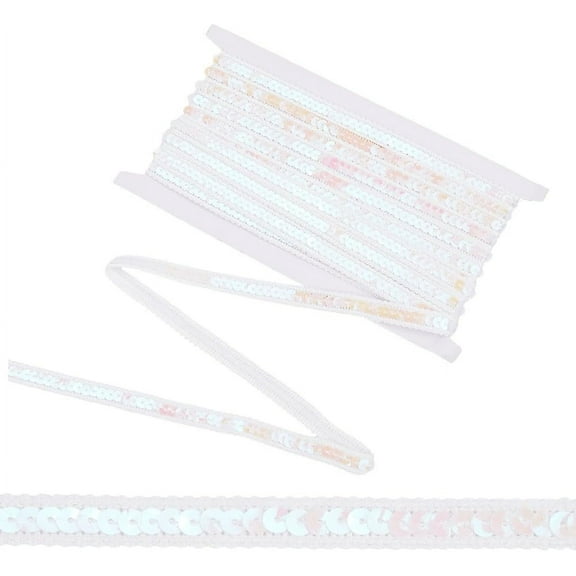 White Sequin Bead Fabric Ribbon Trim Flat Bling Metallic Glitter Polyester Sequins Beaded Gimp Lace Strip Bulk for Sewing Making Crafts Gift Wrapping Invitations Home Decor Dresses