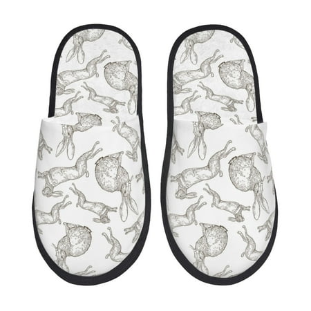 Balery Hand Drawn Rabbit Slient Indoor Furry Fleece Comfort House Shoes Soft Non-Slip Home Shoes Cotton slippers House Slippers-- Large