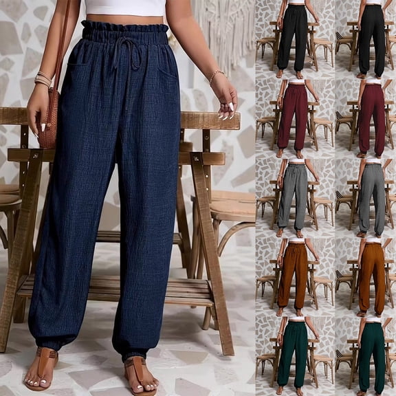 Kelon Women's Casual Pants, Womens Linen Pants Wide Leg Palazzo Capri Drawstring Casual Lounge Flowy Summer Beach Vacation Crop Trousers with Pockets, S