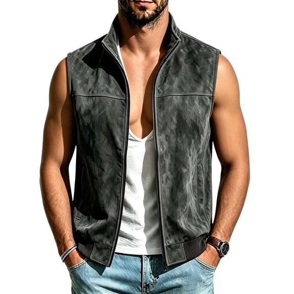 Maqroz Mens Outerwear Vests Faux Suede Sleeveless Jacket Stand Collar Zip Up Daily Coat with Pockets Gray,L
