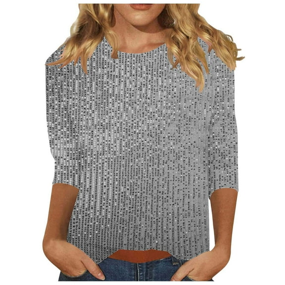 cocolona Womens Sequin Tops Sparkly Round Neck 3/4 Sleeve Shirts Dressy Casual Blouses Fashion Loose T-shirt