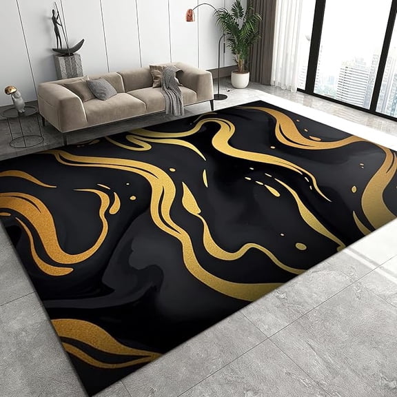 Golden Fluid Art Area Rug, Stylish Abstract Non Slip Bedroom Rug, Noise Reduction Machine Washable Carpet for Indoor Living Room Office Decor Mat-2x3ft
