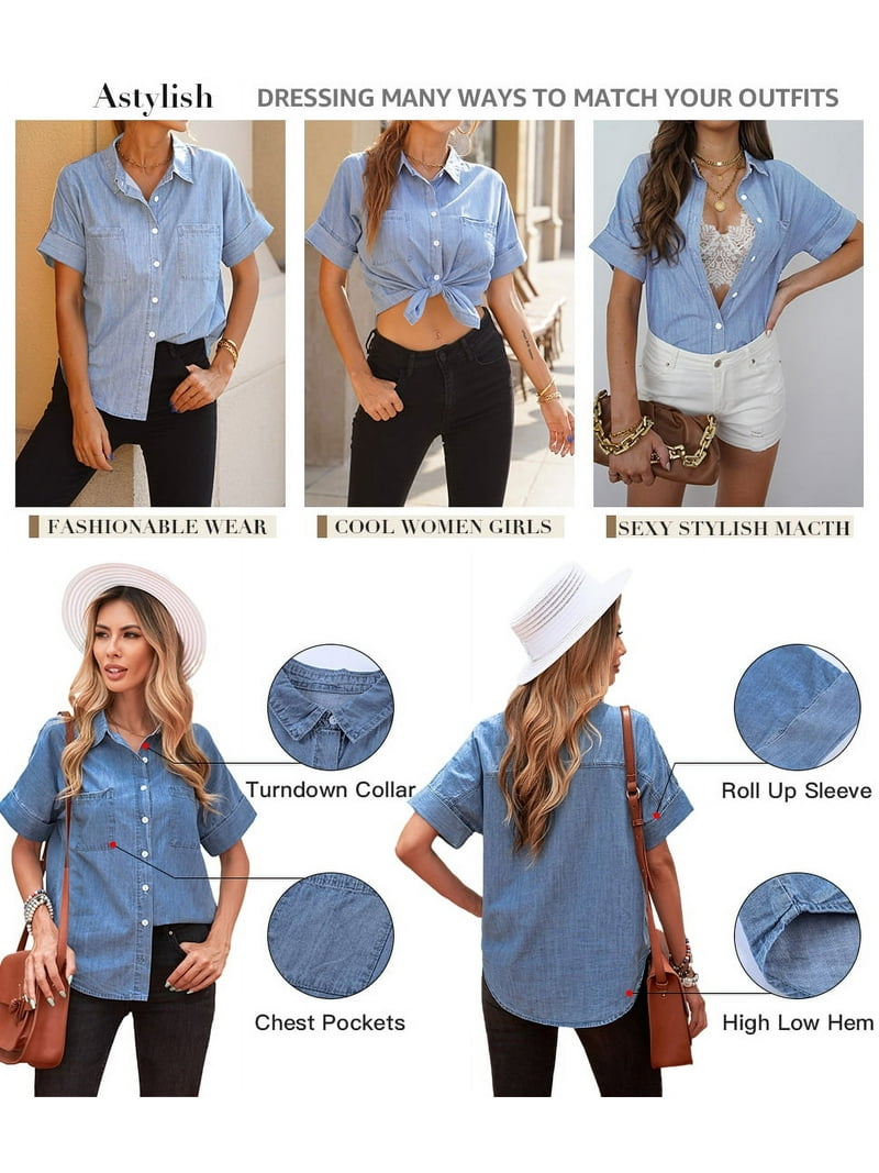 Astylish Women's Casual Denim Blouse, Short Sleeve Button